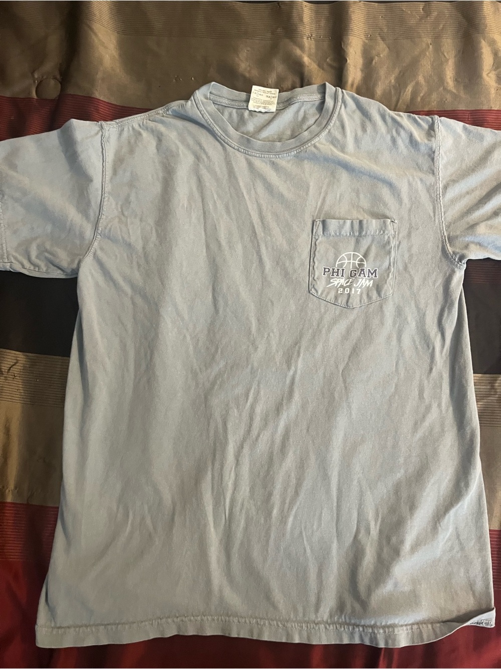 Comfort Colors Light Blue Pocket Tee with Phi Gam Logo